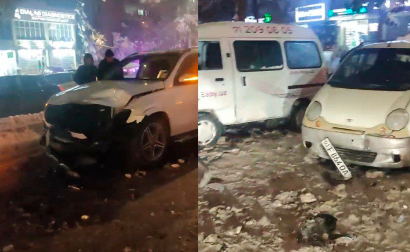 На Юнусабаде из-за гололеда произошла авария с участием 17 автомобилей. Видео 