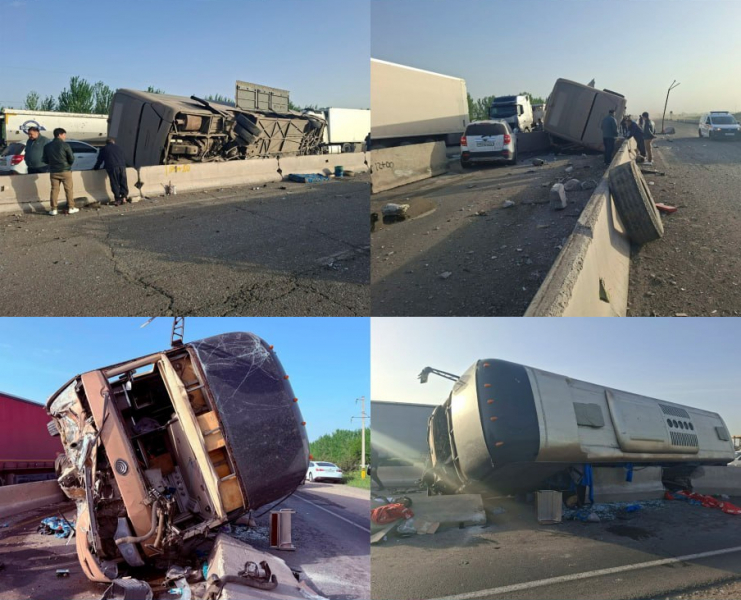 На трассе в Джизакской области пассажирский автобус врезался в бетонное ограждение 